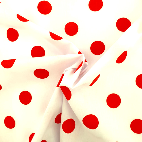 Polycotton Polkadots RED on WHITE